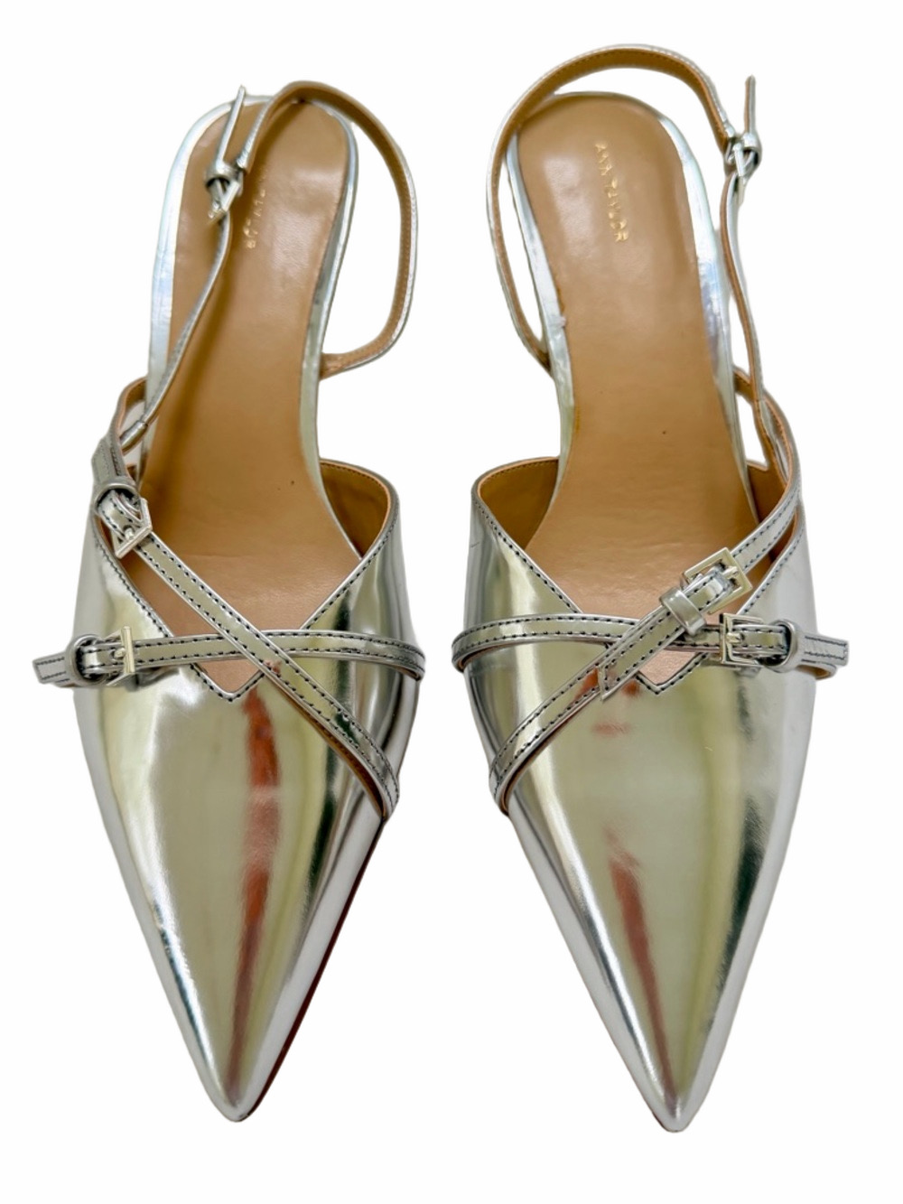 Ann Taylor Strappy Pointy Toe Leather Silver Metallic Kitten Heel Pump Sz 10 NEW - Picture 3 of 11